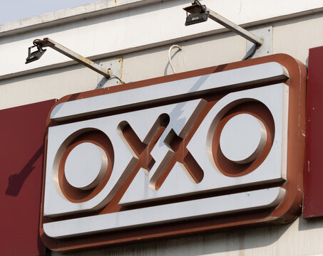 Guadalajara Jalisco, Mexico - November 29, 2023: Oxxo store metal sign