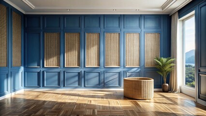 Obraz premium Serene Room Interior Design with Blue Paneling, Woven Accents, and Sunlight Streaming Through Window