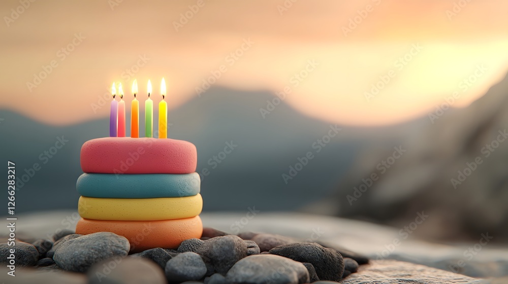 Poster a beautifully crafted 3d rendered image of a multi layered cake adorned with a stack of colorful rai