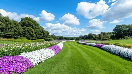 Obraz premium Serpentine flowerbeds in park, sunny day