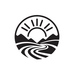 Sun, river, mountains icon.