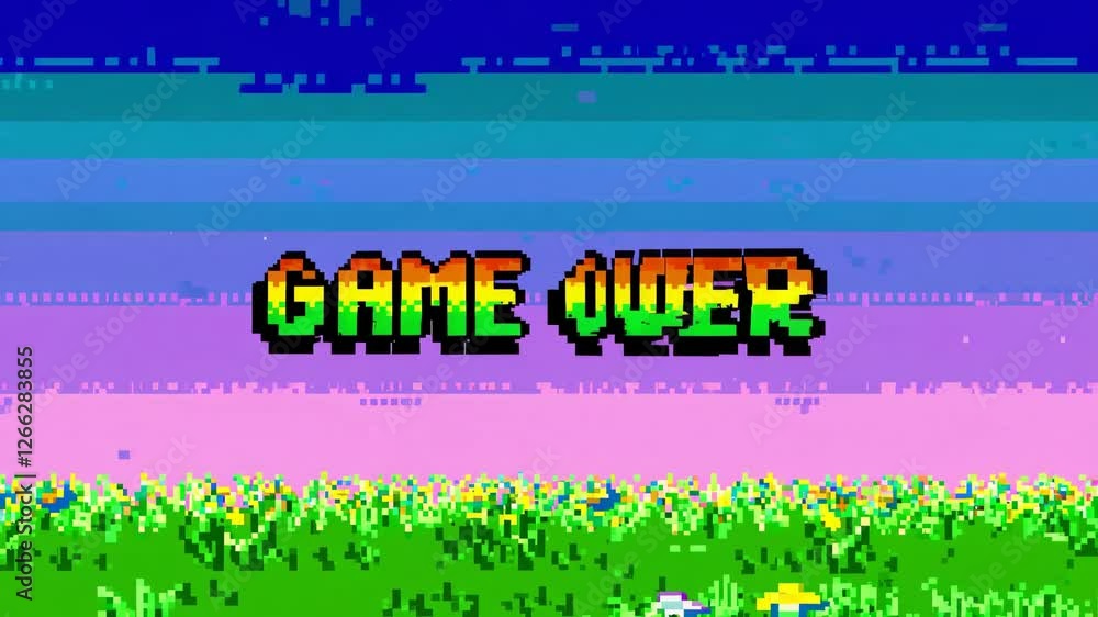 Poster retro game over screen with pixelated text and glitch effect, nostalgic gaming concept