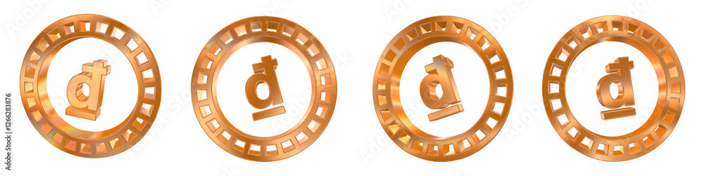 Poster set of 4 3d vietnamese dong coin shapes with golden and rainbow effects isolated on a transparent ba