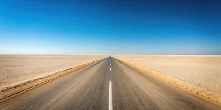 Asphalt ribbon unwinding into a boundless, sun-drenched desert expanse under a vast, clear sky