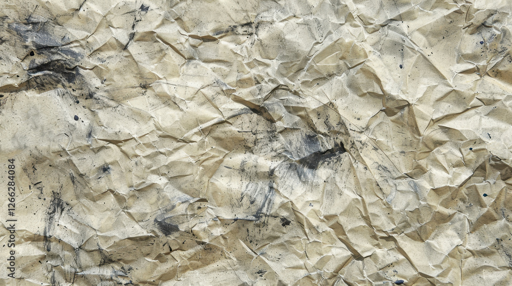 Poster crumpled paper texture with ink stains, creating artistic background. irregular surface adds depth a