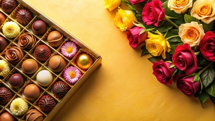 Luxurious chocolate truffle box surrounded by vibrant flowers on a gold background, precious presentation, fancy desserts