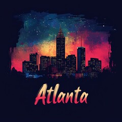 City of Atlanta night time skyline postcard style vector illustration 