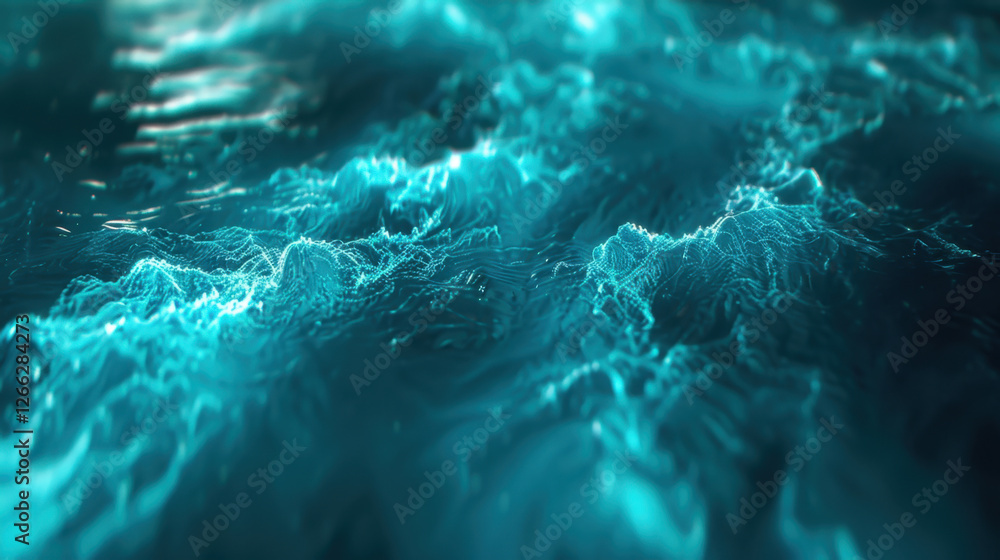 Poster abstract turquoise waves with glowing lines create mesmerizing visual effect, evoking sense of tranq