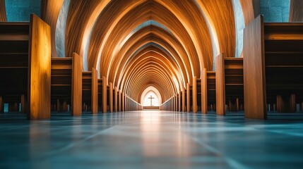 Fototapeta premium Wooden Chapel Interior With Rows Of Benches And A Cross