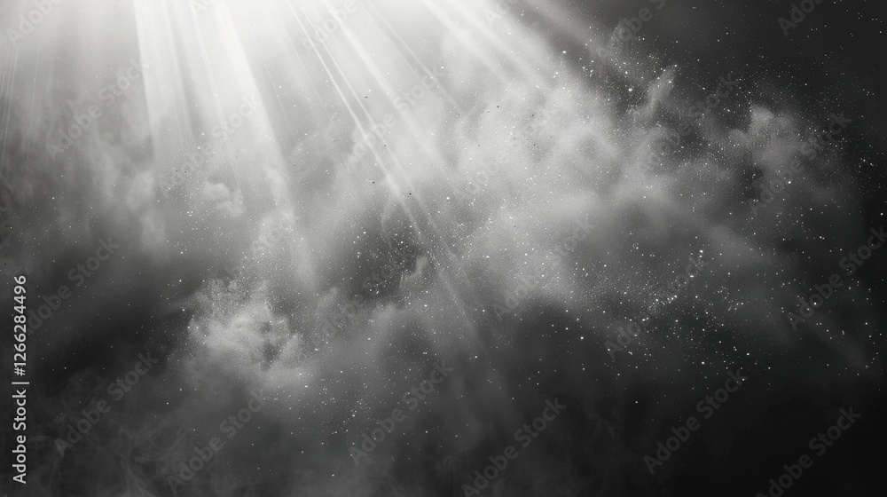 Poster light rays shining through dark clouds, creating mystical atmosphere with particles in air, evoking 