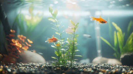 Goldfish Swim Gracefully In A Planted Aquarium Tank