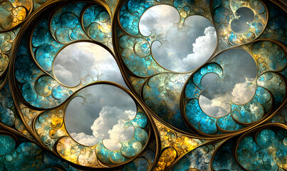 Abstract fractal art depicting a swirling, ornate pattern in gold and teal, framing glimpses of a cloudy sky; evokes feelings of dreams and imagination.