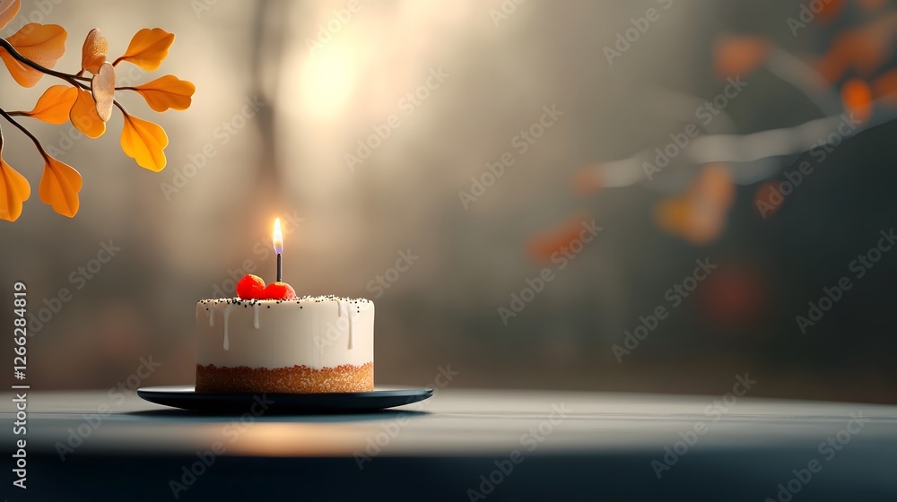 Poster a 3d rendered image of a small elegant cake with a single candle positioned in a cozy intimate setti