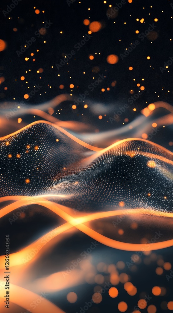 Poster abstract dark background with glowing orange particle waves and dynamic light effects