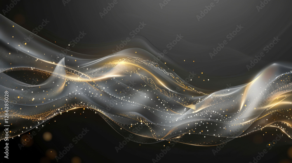 Poster elegant abstract waves with golden accents and shimmering particles create captivating visual effect