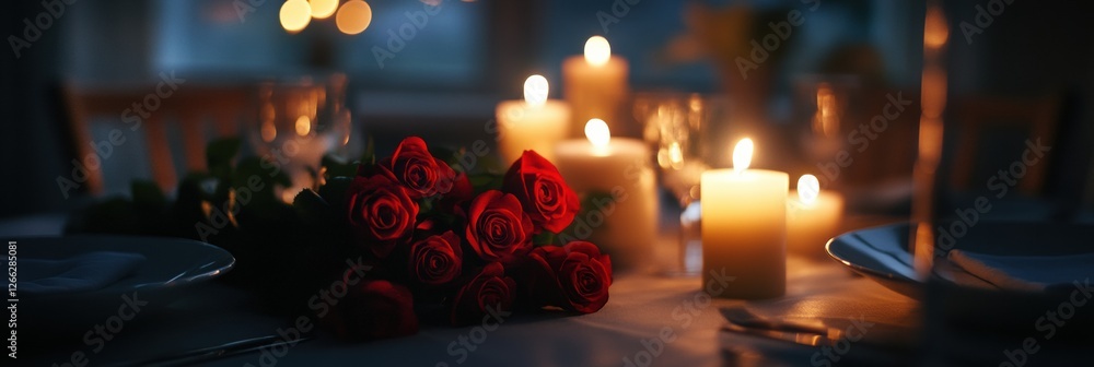 Poster romantic candlelight dinner setting with red roses and soft lighting for a special occasion in a coz