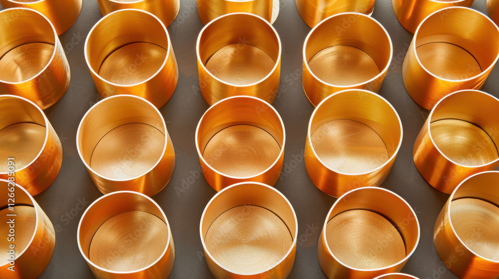 Poster golden metal containers arranged in grid pattern, showcasing their shiny surfaces and smooth interio