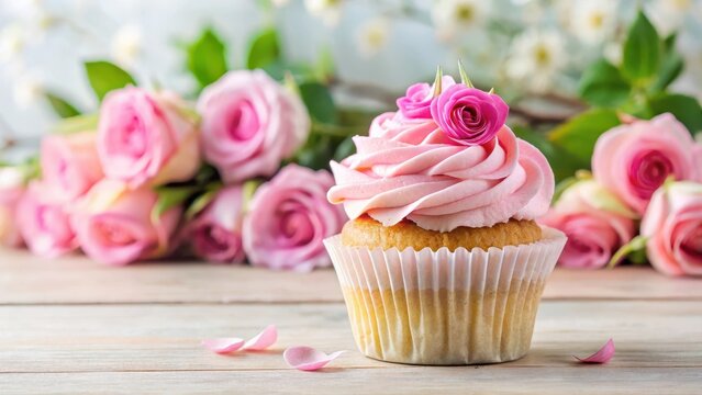 A cupcake with a pink rose bouquet on top, surrounded by elegant pink and white decorations, conveying gratitude and appreciation in a sweet gesture , cupcake, gratitude