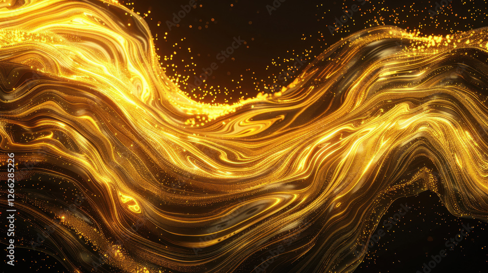 Poster golden flowing abstract waves with sparkling particles create mesmerizing visual effect. dynamic mov