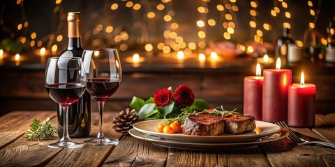 Fototapeta premium A romantic dinner setup with two steaks and a bottle of red wine on a wooden table in a dimly lit room