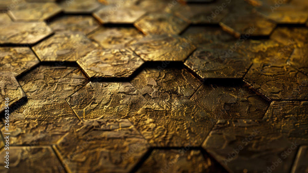 Poster textured hexagonal tiles with golden finish create visually striking surface. intricate patterns and