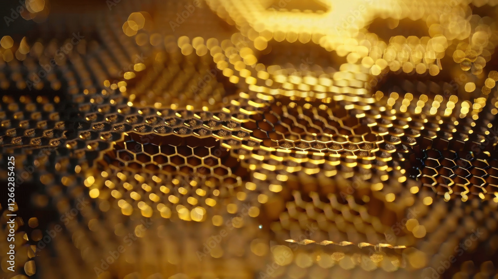 Poster golden hexagonal pattern with bokeh effect, creating mesmerizing visual. intricate design showcases 