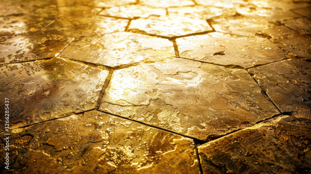 Poster golden hexagonal tiles with wet surface reflecting light create warm ambiance. intricate patterns an
