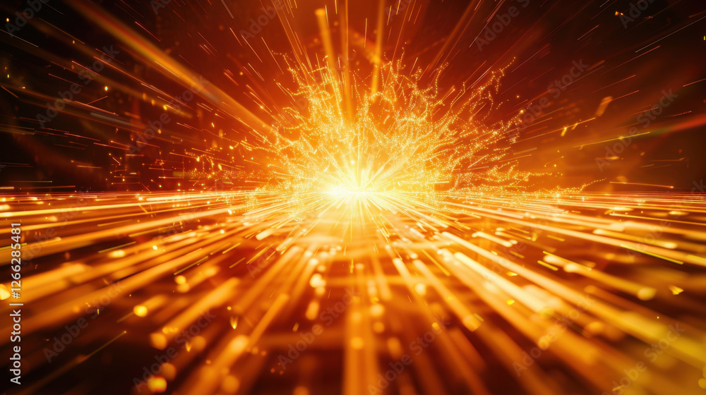 Poster bright explosion of light with dynamic rays and sparks, creating energetic and vibrant atmosphere. s