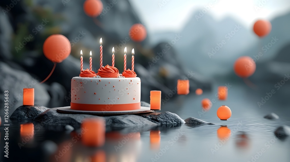 Poster a 3d rendered image of a birthday cake with candles surrounded by floating lanterns their reflection