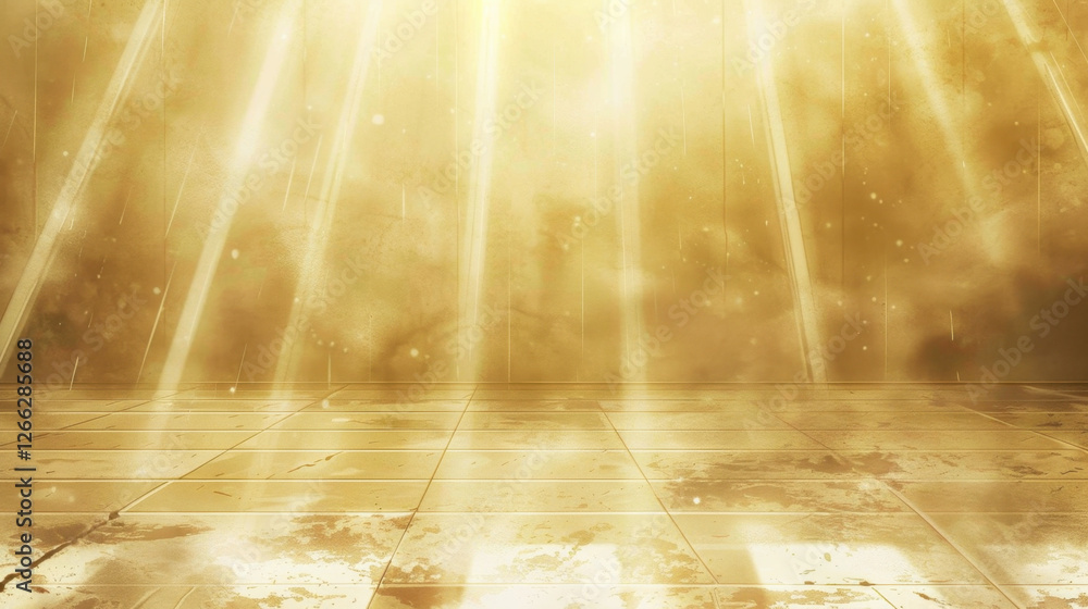 Poster bright, golden background with rays of light illuminating reflective surface, creating serene and et