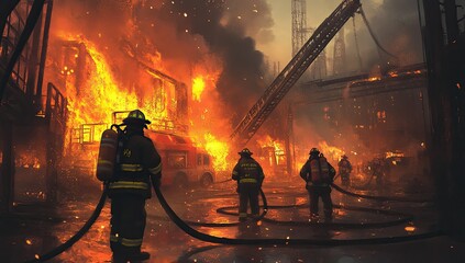 Industrial fire, firefighters battle blaze, urban factory setting, smoke billowing