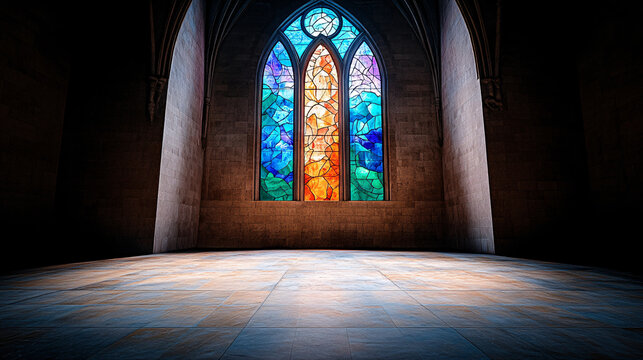 stunning stained glass window illuminates dark, empty room, creating serene atmosphere. colorful glass features intricate designs, casting vibrant light on stone floor