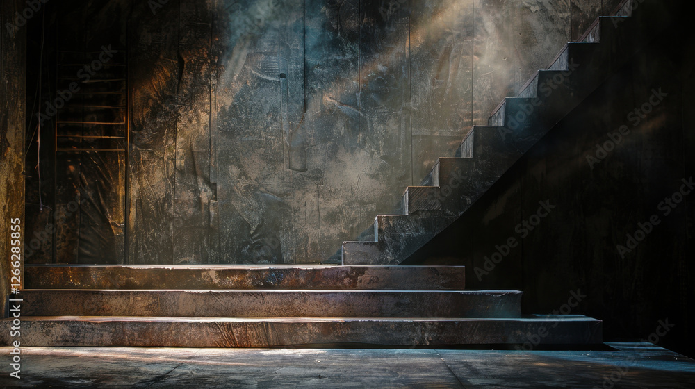 Poster dimly lit staircase in industrial setting, with light beams illuminating textured walls and steps, c