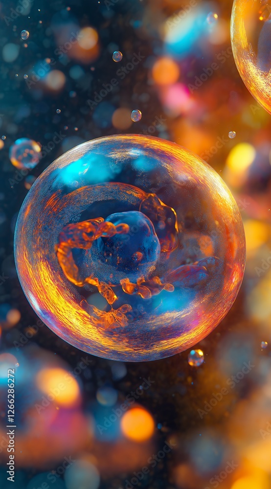Poster abstract microscopic view of a glowing cell with textured surface and blurred bokeh background