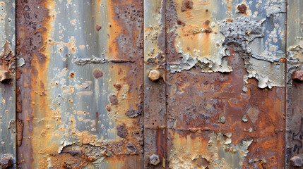 Rusty metal surface with peeling paint and corrosion, showcasing textures and colors of decay. image evokes sense of age and weathering