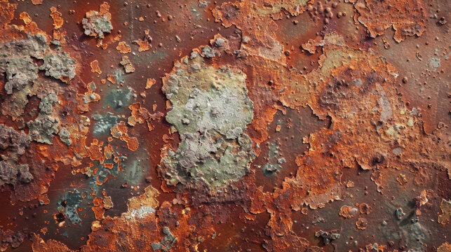 Rusty metal surface with peeling paint and textured layers, showcasing vibrant orange and green hues. intricate patterns create visually striking and aged appearance