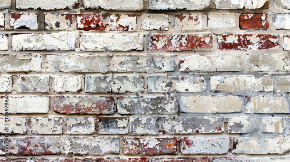 Poster weathered brick wall with peeling paint and texture, showcasing mix of colors and patterns. aged app