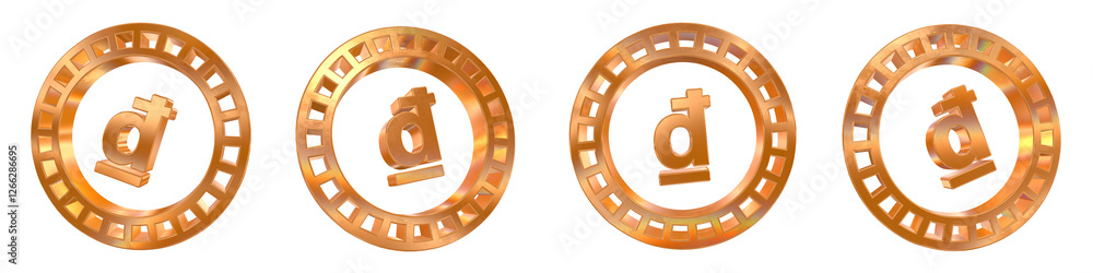 Poster set of 4 3d vietnamese dong coin shapes with golden and rainbow effects isolated on a transparent ba