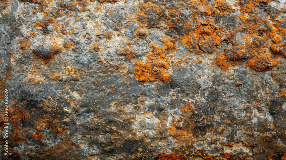 Poster rusty metal surface with orange and gray textures, showcasing corrosion and decay. intricate pattern