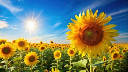 Obraz premium Vibrant Sunflowers Basking in Golden Sunlight Across a Lush Field on a Sunny Day
