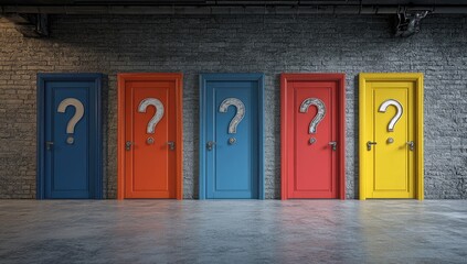 Industrial space, five colorful doors with question marks, choices,  and indecision