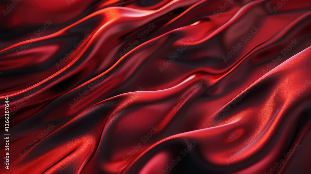 Poster luxurious red satin fabric with smooth, flowing waves creating elegant texture. rich color and sheen