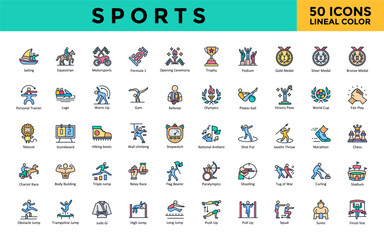 Sports icon set with sailing, equestrian, motorsports, formula 1, opening, ceremony, trophy, podium, gold medal, silver medal , bronze medal icon. Simple lineal color vector 

