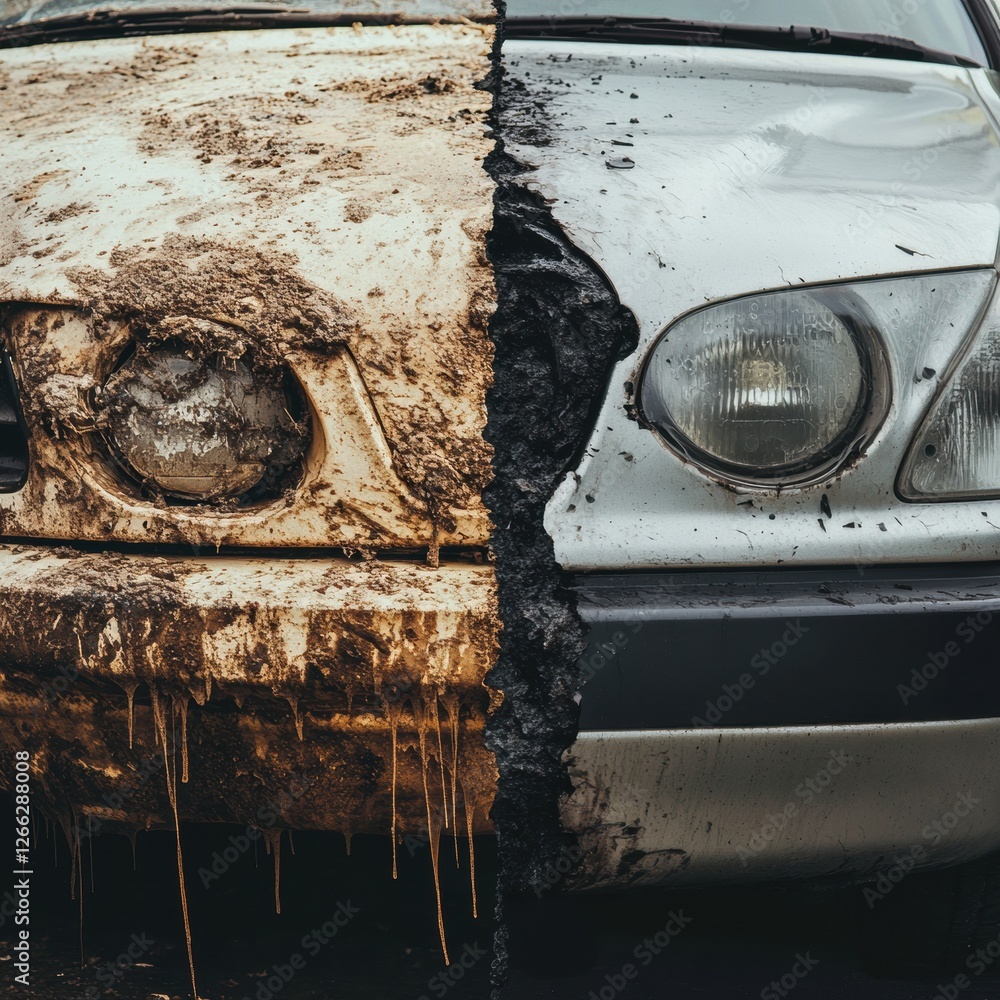 Poster comparison of a scratched and dirty car next to a shiny polished vehicle showcasing contrasting car 