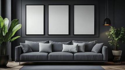 Modern dark living room interior with grey sofa, three blank frames, and plants.