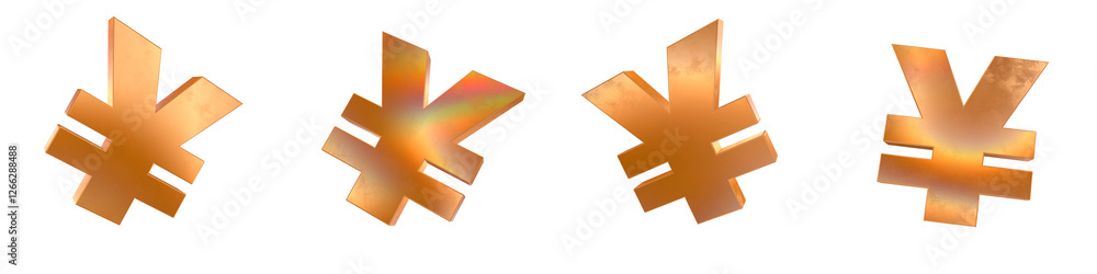 Poster set of 4 3d yen symbol shapes with golden and rainbow effects isolated on a transparent background. 