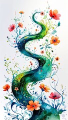 Obraz premium Spiraling Abstract Vines and Flowers watercolor in Fantasy & Abstract on plain white background