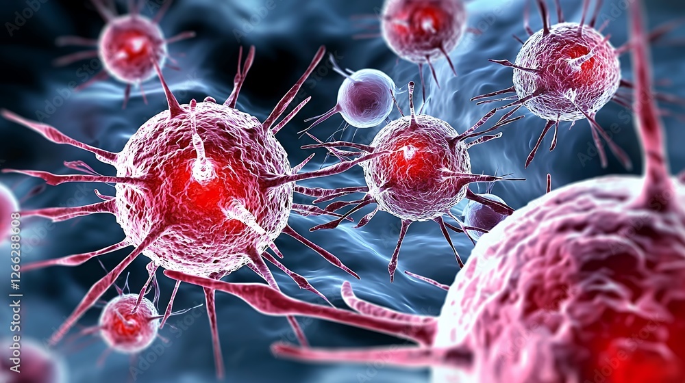 Poster detailed microscopic view of red viruses with spikes on a blue gradient background