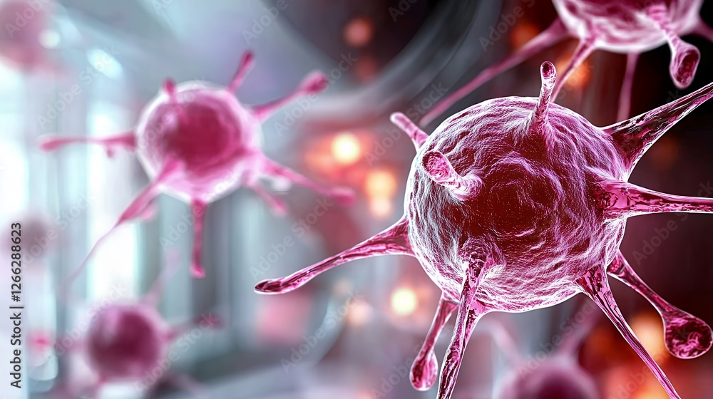 Poster detailed microscopic virus structure with red tones and glowing particles in a dark background
