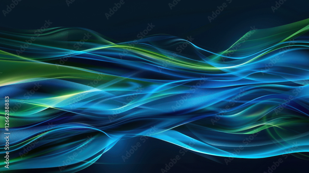 Poster abstract flowing waves in blue and green tones create dynamic visual effect, evoking sense of moveme